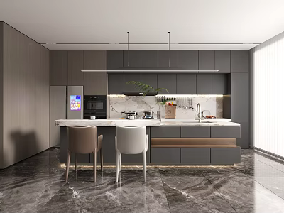 Modern Kitchen Interior With Gray Cabinets White Island Counter Two Chairs Marble Floor And Appliances 3d model