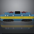 Blue and Yellow Electric Train with White Windows Red Roof Details Black Wheels and Reflection
