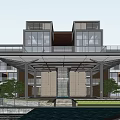 Modern Building Exterior With Waterfall Pool Stone Walls And Trees At Dusk
