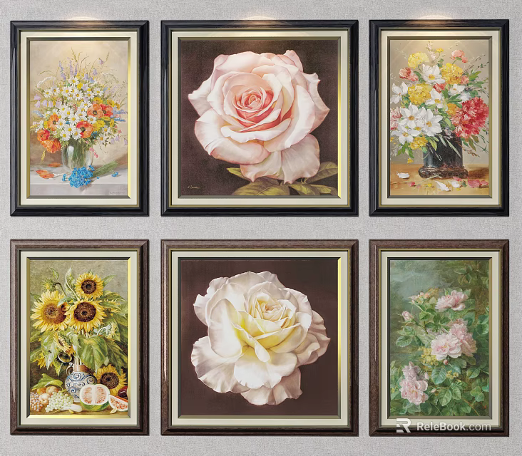 Botanical Paintings Collection with Roses Sunflowers and Colorful Flowers in Vases and Frames 3d model 