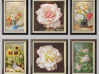 Botanical Paintings Collection with Roses Sunflowers and Colorful Flowers in Vases and Frames 3d model