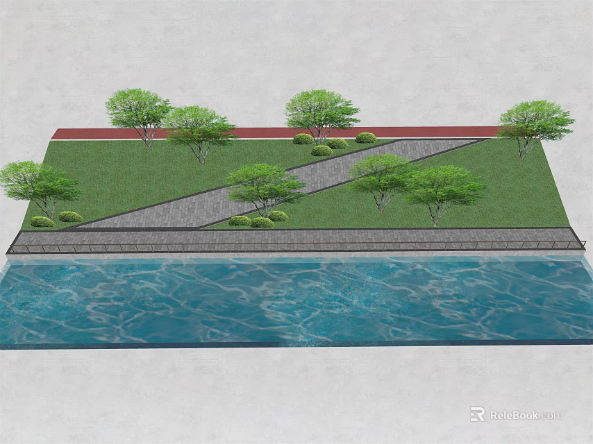 Arbor Trees in Landscaped Area with Green Grass Stone Path and Water 3d model 