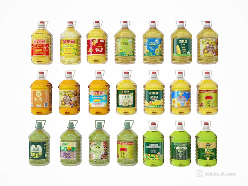 Various Edible Oil Bottles With Different Colored Labels And Plastic Containers 3d model 