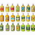 Various Edible Oil Bottles With Different Colored Labels And Plastic Containers