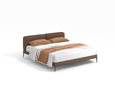 Modern Minimalist Double Bed With Brown Headboard Two Brown Pillows White Bedsheets And Metal Legs 3d model
