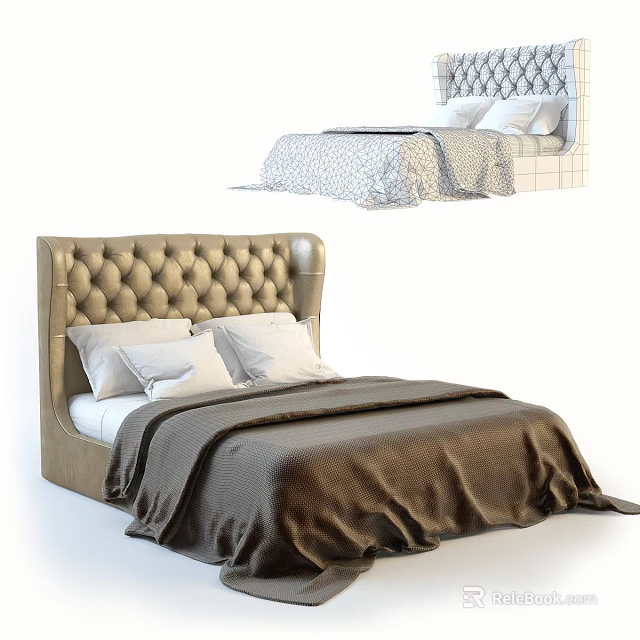 Modern Double Bed Interior With Tufted Headboard White Pillows And Brown Blanket 3d model