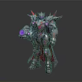 Sci Fi Mechanical Warrior Character With Spiked Head Purple Glowing Weapon And Cloak