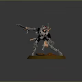 Sci Fi Game Movie Character With Mechanical Limbs And Spear Standing On Orange Base