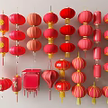 Traditional Red Chinese Lanterns With Fortune Characters And Hanging Decorative Designs