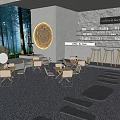 Modern Perfect Bar Interior With Forest Backdrop Circular Decoration Tables Chairs And Bar Counter