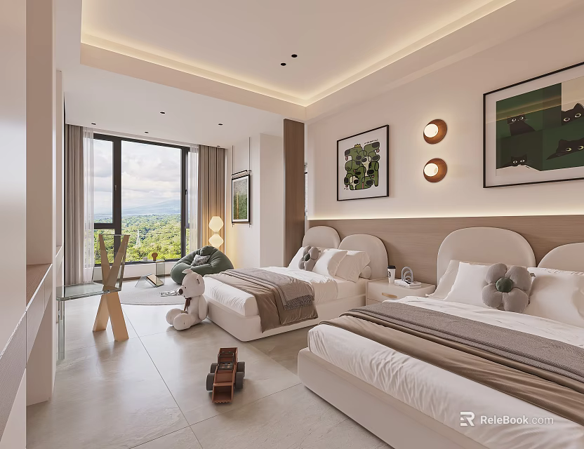 Kids Room Interior Design With Twin Beds Wall Art Scenic Window Soft Lighting And Toys 3d model 