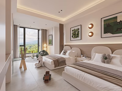 Kids Room Interior Design With Twin Beds Wall Art Scenic Window Soft Lighting And Toys 3d model