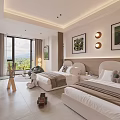 Kids Room Interior Design With Twin Beds Wall Art Scenic Window Soft Lighting And Toys