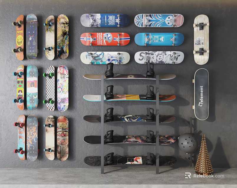 Colorful Skateboards Collection With Various Designs And Safety Gear 3d model 