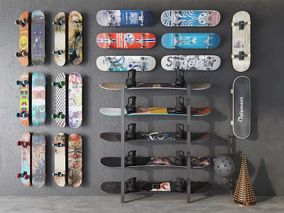 Colorful Skateboards Collection With Various Designs And Safety Gear 3d model