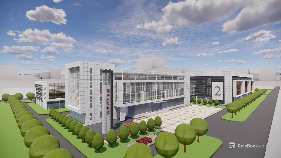 Modern Industrial Factory Building With Steel Glass Structure Landscaped Trees And Open Square Area 3d model 