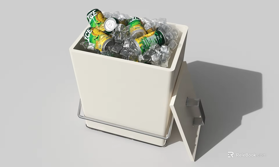 White Ice Bucket With Open Lid Filled With Ice Cubes And Beverage Cans 3d model 