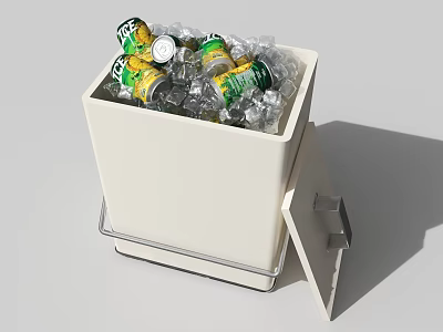 White Ice Bucket With Open Lid Filled With Ice Cubes And Beverage Cans 3d model