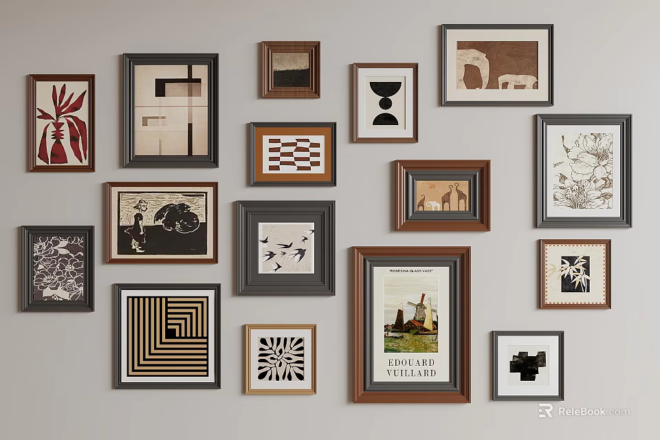 Gallery Wall Decor With Various Framed Art Prints And Diverse Patterns 3d model 