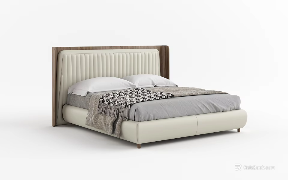 Modern Double Bed With Upholstered Headboard Wooden Frame Gray Bedding And Checkered Blanket 3d model 