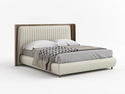 Modern Double Bed With Upholstered Headboard Wooden Frame Gray Bedding And Checkered Blanket 3d model