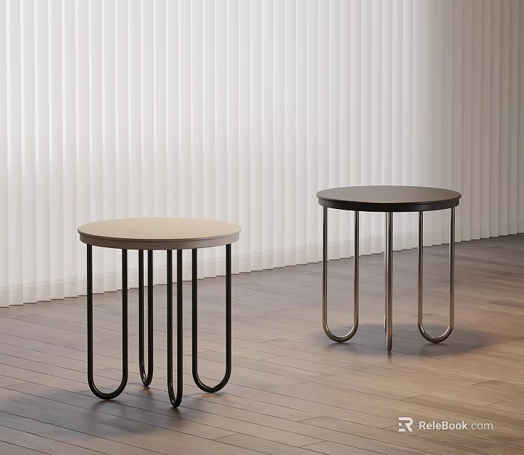 Modern Round Stools with Wooden Seat and Black Metal Legs in Interior Space 3d model 