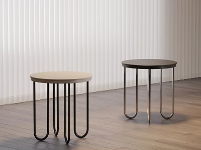 Modern Round Stools with Wooden Seat and Black Metal Legs in Interior Space 3d model