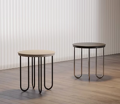Modern Round Stools with Wooden Seat and Black Metal Legs in Interior Space 3d model