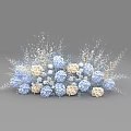 Blue And White Hydrangea Flower Vase Arrangement With Decorative Branches On Gray