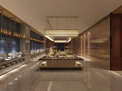 Modern Buffet Restaurant Interior With Long Counter Marble Flooring And Chandelier 3d model