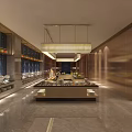 Modern Buffet Restaurant Interior With Long Counter Marble Flooring And Chandelier