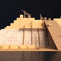 Stepped Pyramid Structure With Stone Blocks Wooden Supports And Statues On Top