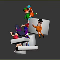 Multiple Cartoon Characters Interacting On White Geometric Blocks With Various Poses