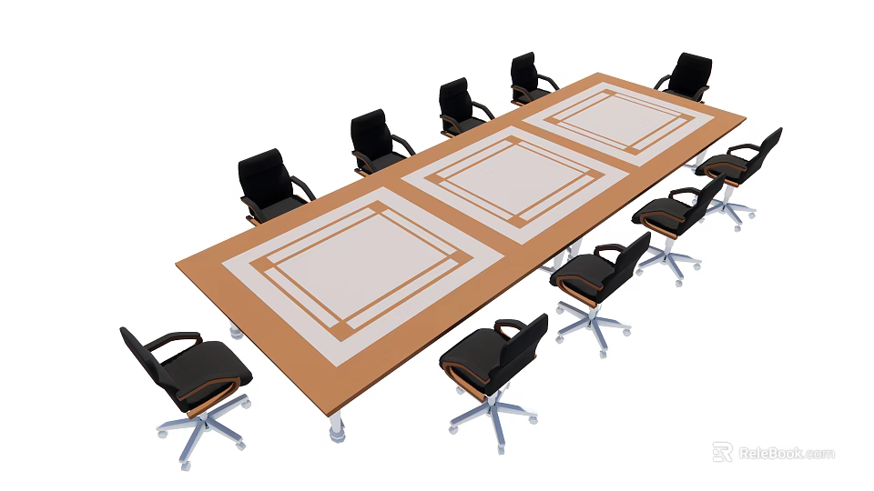 Long Conference Table With Brown Top White Rectangular Sections And Black Wheeled Chairs 3d model 