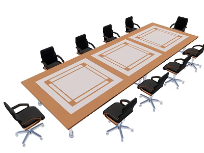 Long Conference Table With Brown Top White Rectangular Sections And Black Wheeled Chairs 3d model