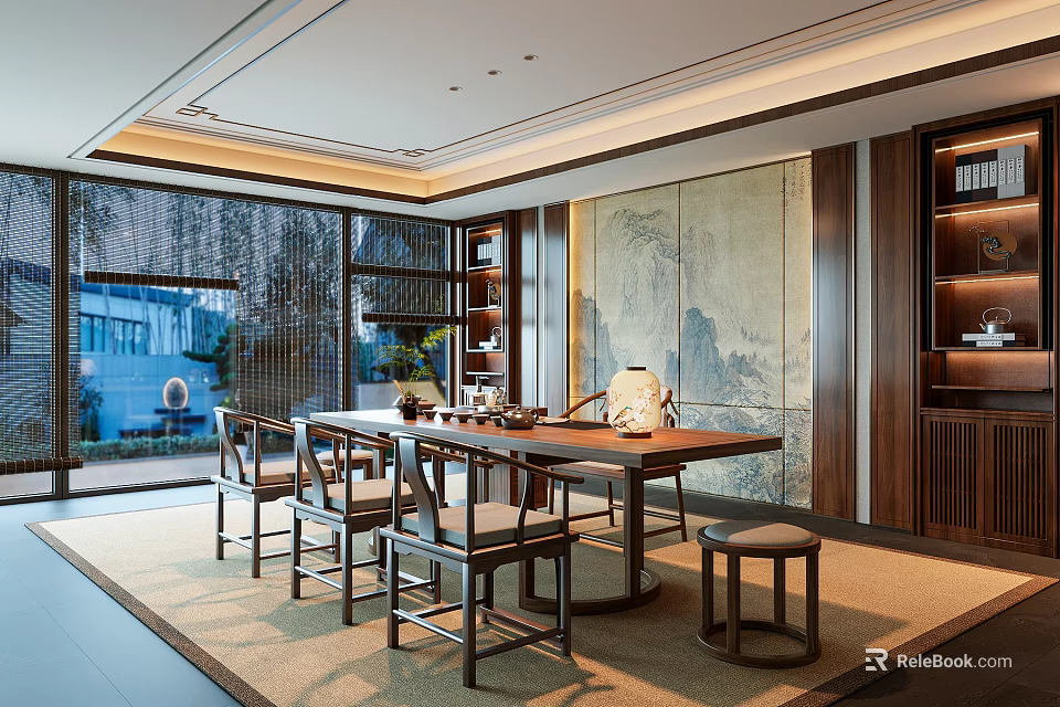 Traditional Chinese Tea Room Interior With Wooden Table Chairs Landscape Painting And Bookshelves 3d model 