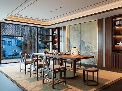 Traditional Chinese Tea Room Interior With Wooden Table Chairs Landscape Painting And Bookshelves 3d model