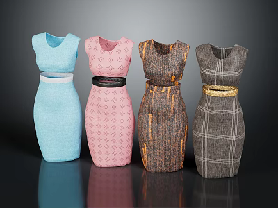 Colorful Patterned Dresses In Blue Pink Brown Gray With Striped Plaid And Colored Belts 3d model