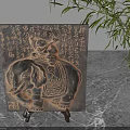 Decorative Ornament Set with Elephant Carving and Chinese Characters on Stand Base with Green Plant