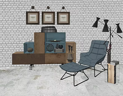 Industrial LOFT Recliner Sofa Recliner Bookcase Floor Lamp Painting Glass Side Combination 3d model