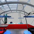 Modern Auto Showroom With Various Colored Cars Red Carpet And Transparent Ceiling