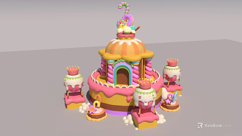 Colorful Candy Themed Castle Structure With Sweet Decorations And Small Dessert Figures 3d model 
