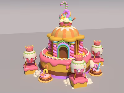 Colorful Candy Themed Castle Structure With Sweet Decorations And Small Dessert Figures 3d model