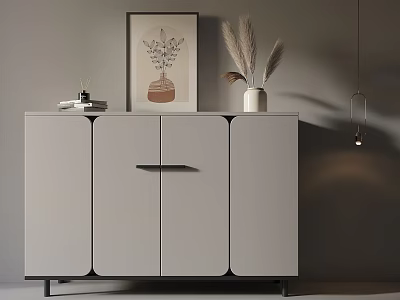Modern Entryway Cabinet Sideboard Featuring Pampas Grass Vase Wall Art Sleek Lines And Metal Legs 3d model
