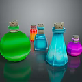 Colorful Glass Bottles In Various Shapes With Cork Stoppers On Dark Background