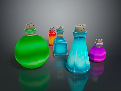 Colorful Glass Bottles In Various Shapes With Cork Stoppers On Dark Background 3d model