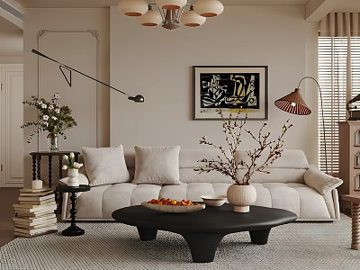 Cozy Modern Living Room Interior Design With Beige Sofa Black Coffee Table And Decorative Painting 3d model