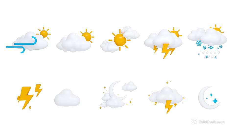 Different Weather Icons Featuring Sun Cloud Lightning Snowflake Moon And Star 3d model