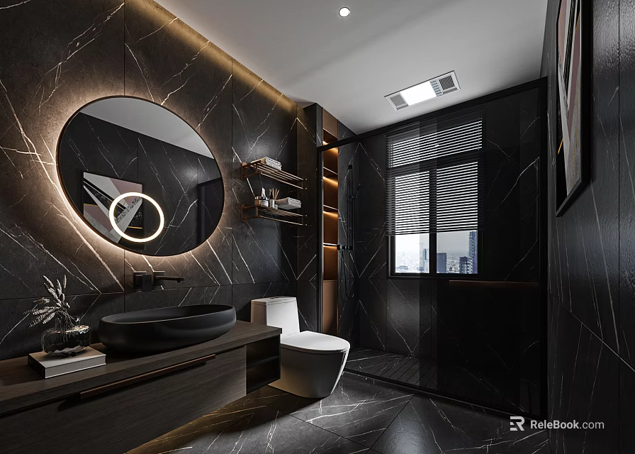 Modern Bathroom Interior With Black Marble Walls Round Mirror White Toilet And Glass Shower 3d model 
