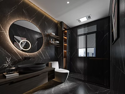 Modern Bathroom Interior With Black Marble Walls Round Mirror White Toilet And Glass Shower 3d model